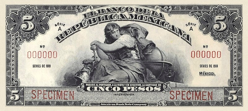 Mexico banknote, Banco de la Republica Mexicana, 5 Pesos, 1918, Pick P-11, UNC