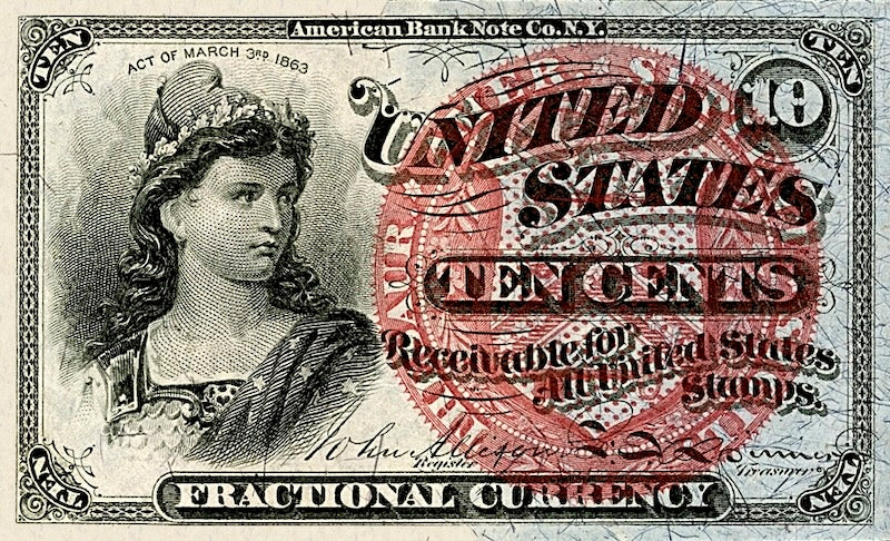 United States Fractional Currency Fourth Issue banknote, 10 Cents, 1863 (Fourth Issue), Pick P-115, UNC