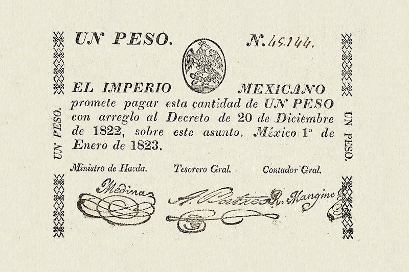 Mexico banknote, Imperio Mexicano, 1 Peso, 1823, Pick P-1, UNC