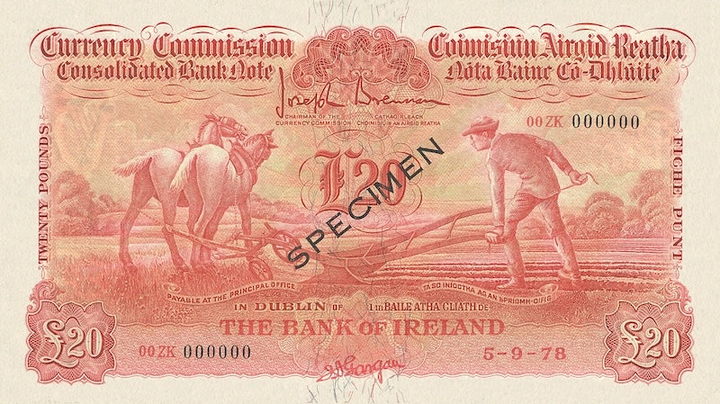 Ireland banknotes, Ploughman Issues, £20 Pounds, 1929, Pick P-11, UNC