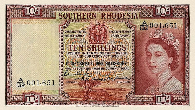 Southern Rhodesia banknotes, Queen Elizabeth II, 10 shillings, 1952, Pick P-12, UNC