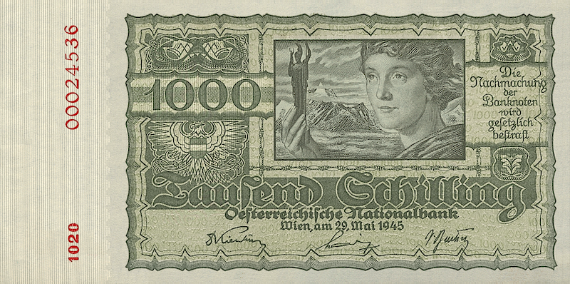 Austria banknote, National Bank First Issue, 1000 Schilling, 1945, Pick P-120, UNC