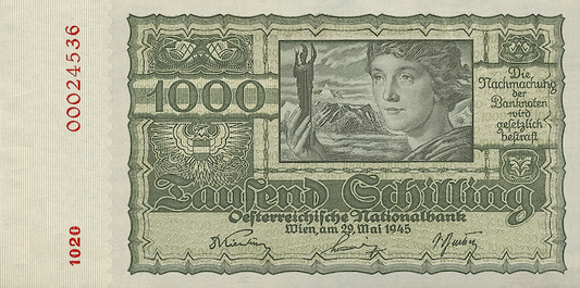 Austria banknote, National Bank First Issue, 1000 Schilling, 1945, Pick P-120, UNC