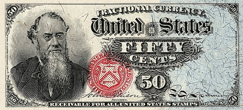 United States Fractional Currency Fourth Issue banknote, 50 Cents, 1863 (Fourth Issue), Pick P-120, UNC