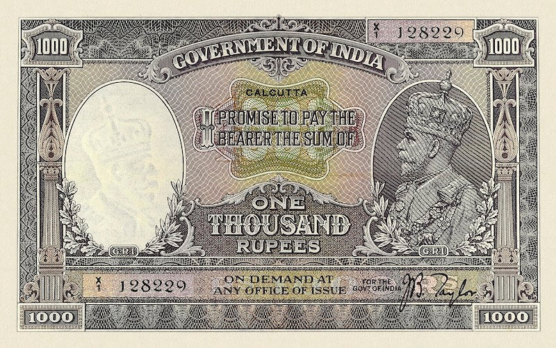 British India banknote, King George V, 1000 Rupees, 1927, Pick P-12, UNC