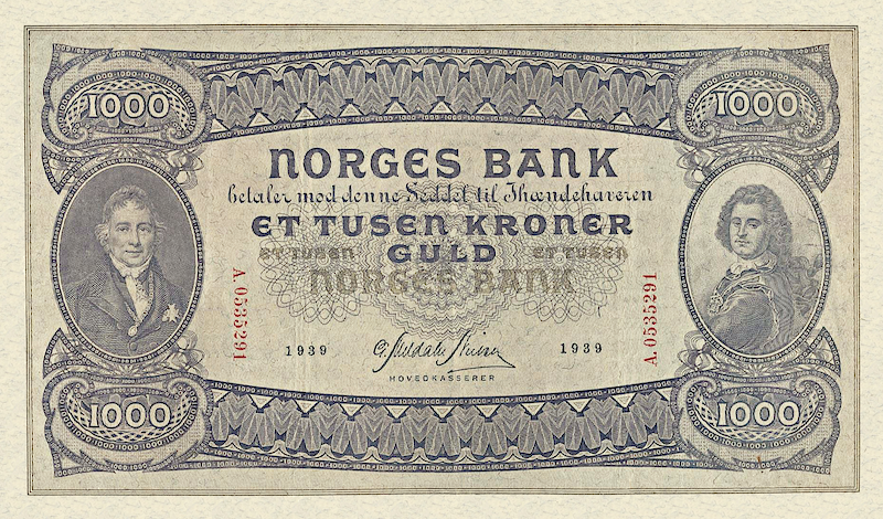 Norway banknotes, Norges Bank, 1000 Kroner, 1939, Pick P-12, UNC