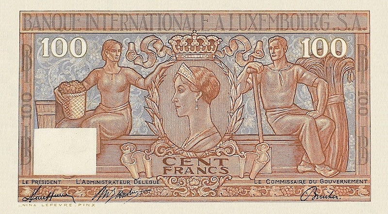 Luxembourg banknotes, Banque Internationale à Luxembourg, 100 Francs,  1947, Pick P-12, UNC