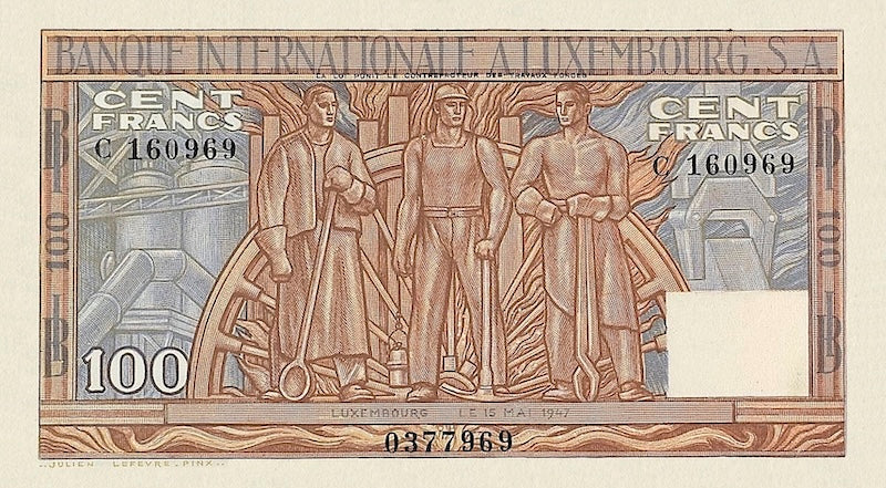 Luxembourg banknotes, Banque Internationale à Luxembourg, 100 Francs,  1947, Pick P-12, UNC