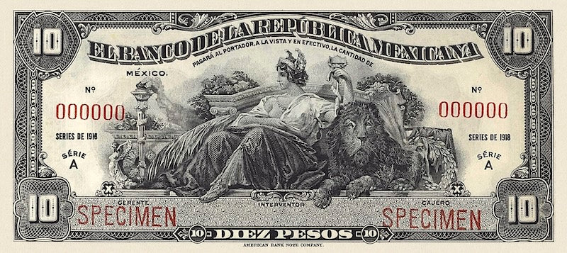 Mexico banknote, Banco de la Republica Mexicana, 10 Pesos, 1918, Pick P-12, UNC