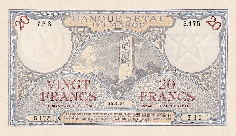 Morocco banknote, Banque d'Etat Du Maroc, 20 Francs, 1919, Pick P-12, UNC