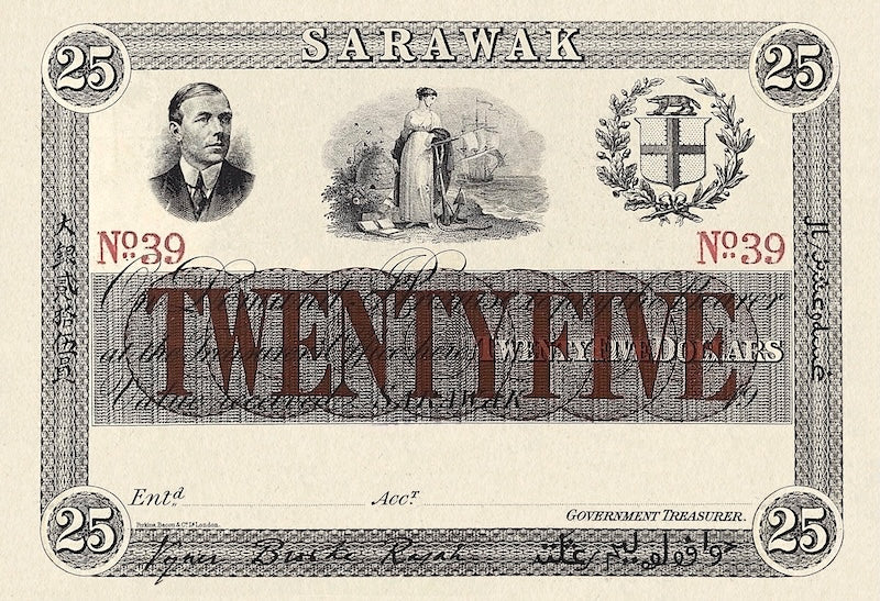 Sarawak banknotes, Rajah Brooke, 25 Dollars, 1918, Pick P-12, UNC