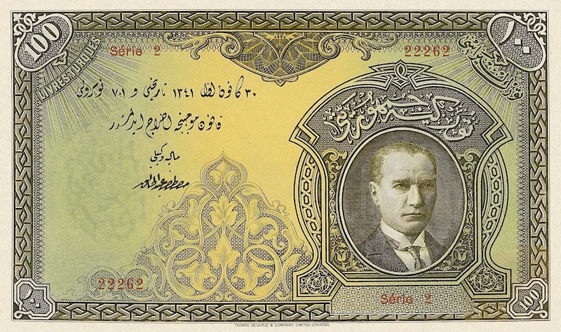 Turkey banknotes, Türkiye Cümhuriyet, 100 Livres Turques, 1926, Pick P-123, UNC