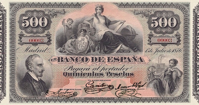 Spain banknotes, Banco de España, 500 Pesetas, 1876, Pick P-12, UNC