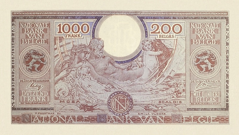 Belgium banknote, Banque Nationale de Belgique, 1000 Francs (200 Belgas), 1947, Pick P-125, UNC