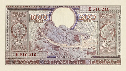 Belgium banknote, Banque Nationale de Belgique, 1000 Francs (200 Belgas), 1947, Pick P-125, UNC