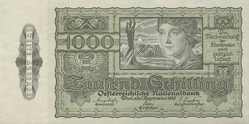 Austria banknote, National Bank, 1000 Schilling, 1947, Pick P-125, UNC