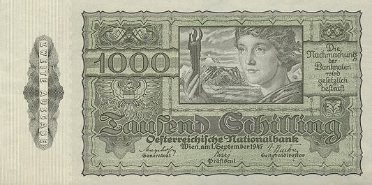 Austria banknote, National Bank, 1000 Schilling, 1947, Pick P-125, UNC