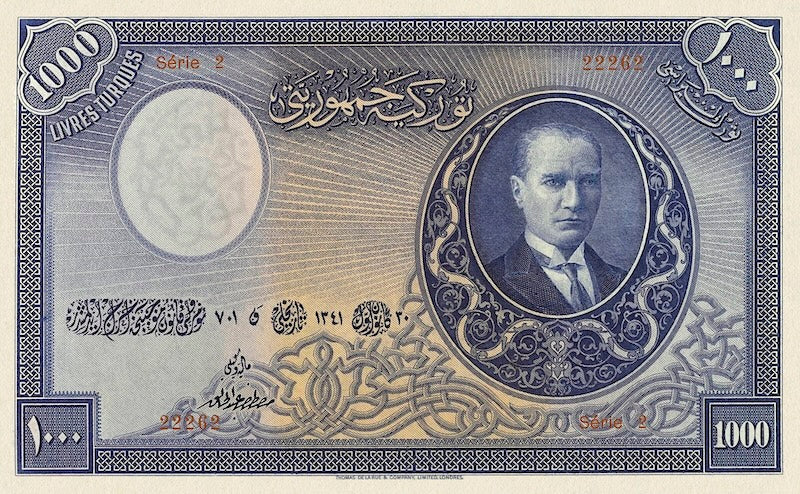 Turkey banknotes, Türkiye Cümhuriyet, 1000 Livres Turques, 1926, Pick P-125, UNC