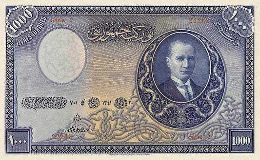 Turkey banknotes, Türkiye Cümhuriyet, 1000 Livres Turques, 1926, Pick P-125, UNC