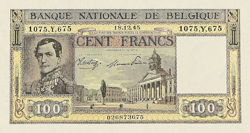 Belgium banknotes, Banque Nationale de Belgique, 100 Francs, 1944, Pick P-126, UNC