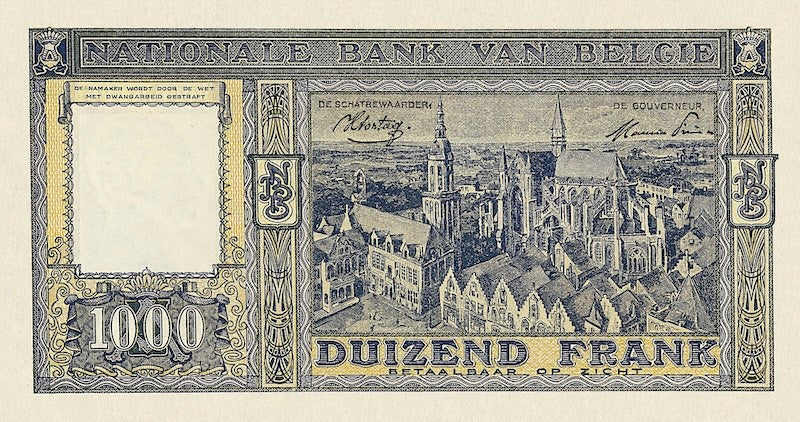 Belgium banknotes, Banque Nationale de Belgique, 1000 Francs, 1944, Pick P-128, UNC