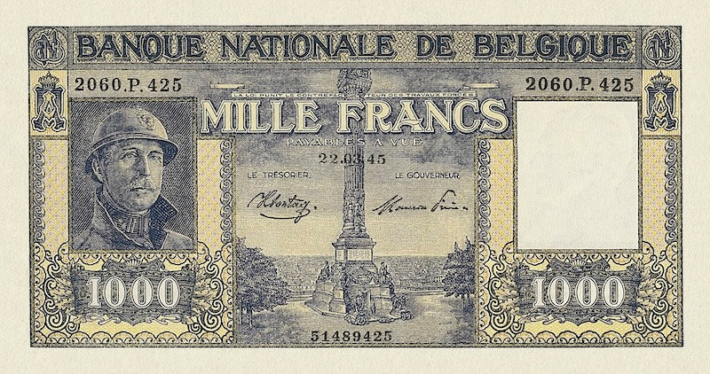 Belgium banknotes, Banque Nationale de Belgique, 1000 Francs, 1944, Pick P-128, UNC