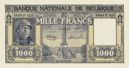Belgium banknotes, Banque Nationale de Belgique, 1000 Francs, 1944, Pick P-128, UNC