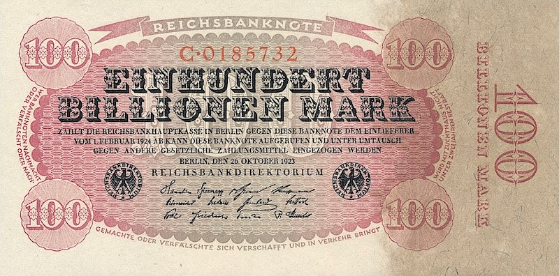 Germany banknote, Reichsbanknote, Ninth Issue, 100 Billionen Mark, 1923, Pick P-128, UNC
