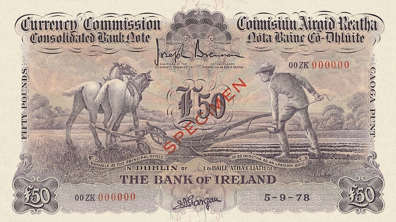 Ireland banknotes, Ploughman Issues, £50 Pounds, 1929, Pick P-12, UNC
