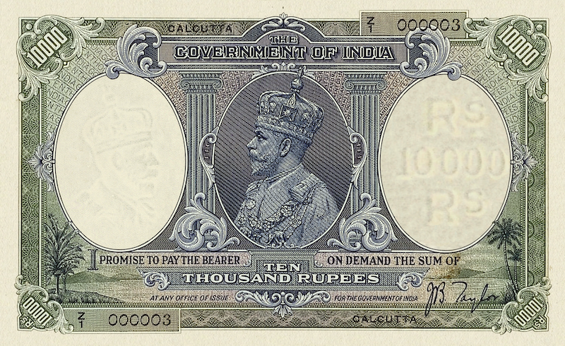 British India banknote, King George V, 10000 Rupees, 1927, Pick P-13, UNC