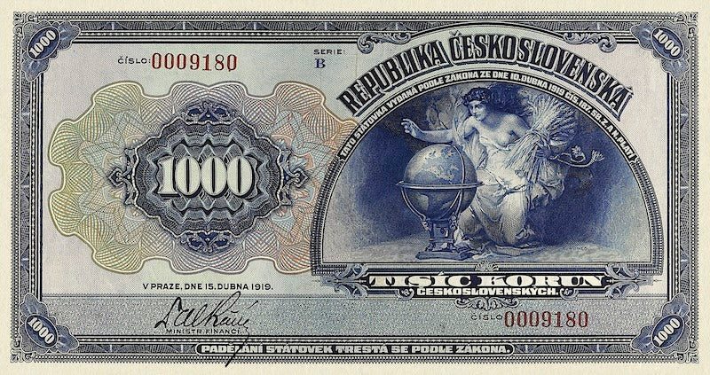 Czechoslovakia banknote, Republika Československá, 1000 Korun, 1919, Pick P-13, UNC 