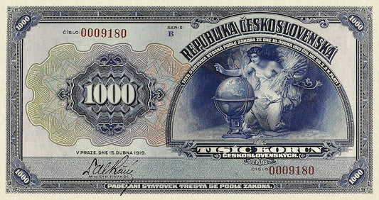 Czechoslovakia banknote, Republika Československá, 1000 Korun, 1919, Pick P-13, UNC 