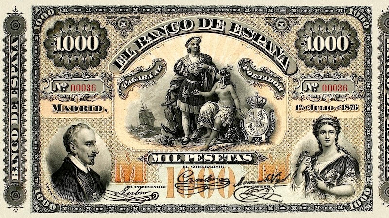 Spain banknotes, Banco de España, 1000 Pesetas, 1876, Pick P-13, UNC
