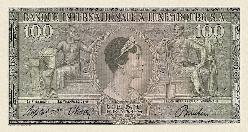 Luxembourg banknotes, Banque Internationale à Luxembourg, 100 Francs,  1956, Pick P-13, UNC