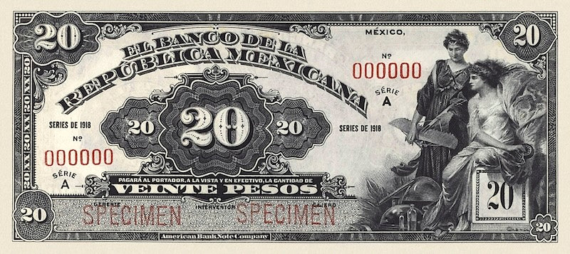 Mexico banknote, Banco de la Republica Mexicana, 20 Pesos, 1918, Pick P-13, UNC