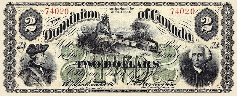 Dominion of Canada banknote, $2 Dollars, 1870, Pick P-13, UNC