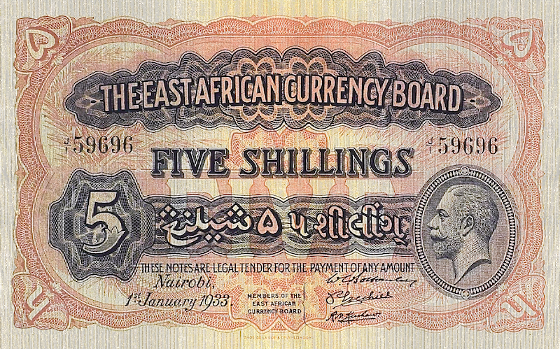 British East Africa banknotes, King George V, 5 Shillings, 1921, Pick P-13, UNC