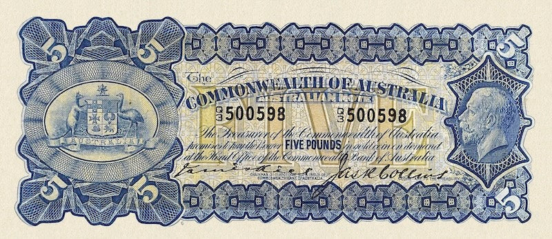 Australia banknotes, King George V, Commonwealth Bank, £5 Pounds, 1923, Pick P-13, UNC