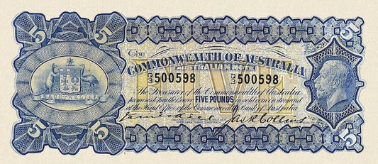 Australia banknotes, King George V, Commonwealth Bank, £5 Pounds, 1923, Pick P-13, UNC
