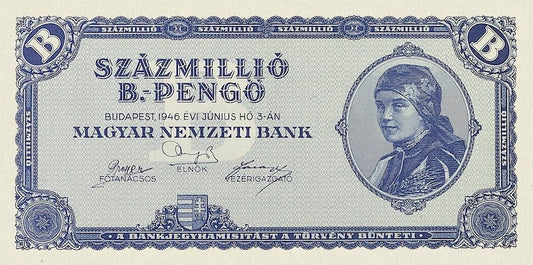 Hungary banknote, Magyar Nemzeti Bank, 100000000 B.-Pengő, 1946, Pick P-136, UNC