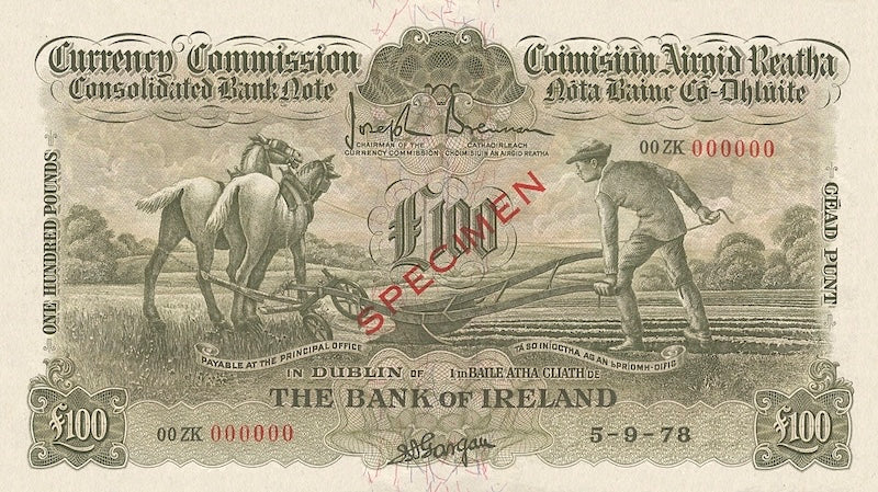 Ireland banknotes, Ploughman Issues, £100 Pounds, 1929, Pick P-13, UNC
