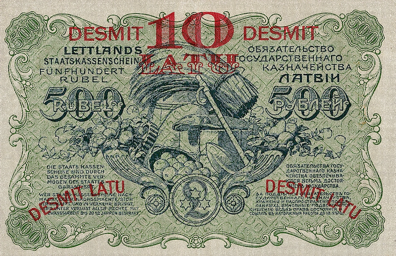 Latvia banknote, Latvijas Banka, Provisional Issue, 10 Latu on 500 Rubli, 1920, Pick P-13, UNC