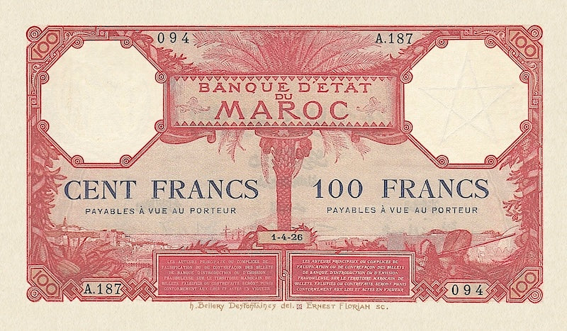 Morocco banknote, Banque d'Etat Du Maroc, 100 Francs, 1919, Pick P-14, UNC