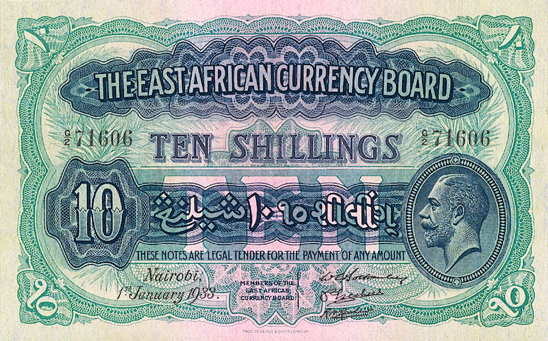 British East Africa banknotes, King George V, 10 Shillings, 1921, Pick P-14, UNC