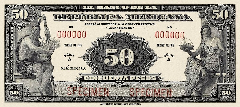 Mexico banknote, Banco de la Republica Mexicana, 50 Pesos, 1918, Pick P-14, UNC