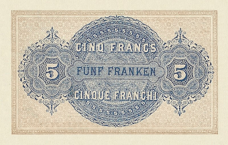 Switzerland banknotes, Federal Treasury, 5 Franken, 1914, Pick P-14, UNC