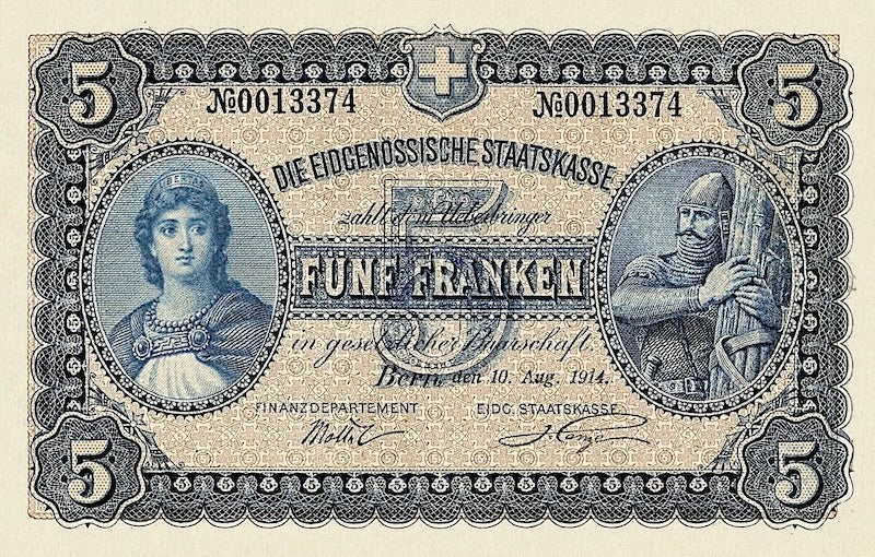 Switzerland banknotes, Federal Treasury, 5 Franken, 1914, Pick P-14, UNC