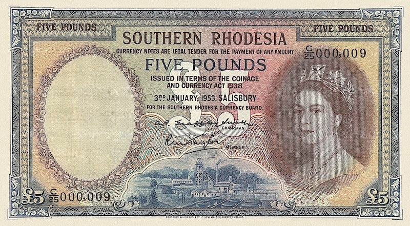 Southern Rhodesia banknotes, Queen Elizabeth II, £5 Pounds, 1952, Pick P-14, UNC