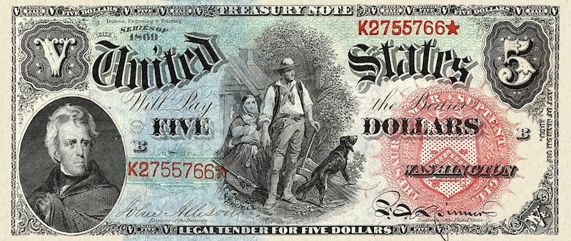 United States Treasury Notes banknote, $5 Dollars, 1869, Pick P-146, UNC