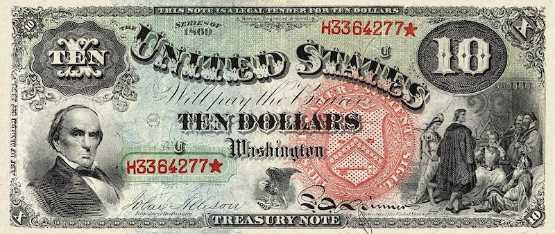 United States Treasury Notes banknote, $10 Dollars, 1869, Pick P-147, UNC